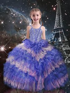 Lilac Sleeveless Beading and Ruffled Layers Floor Length Little Girls Pageant Dress Wholesale