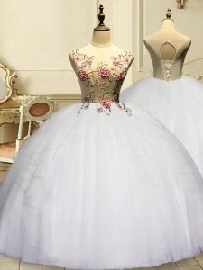 White Scoop Lace Up Appliques and Ruffles Vestidos de Quinceanera Sleeveless