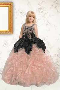Sleeveless Floor Length Beading and Pick Ups Lace Up Little Girls Pageant Gowns with Baby Pink
