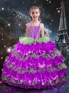 Superior Sleeveless Organza Floor Length Lace Up Girls Pageant Dresses in Multi-color with Beading and Ruffled Layers