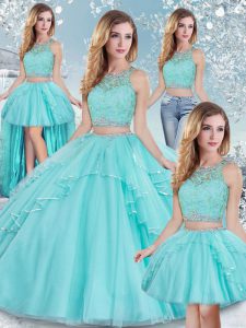 Aqua Blue Ball Gowns Lace and Sequins Quinceanera Gown Clasp Handle Tulle Sleeveless Floor Length