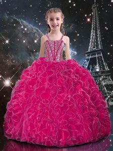 Fuchsia Sleeveless Organza Lace Up Girls Pageant Dresses for Quinceanera and Wedding Party