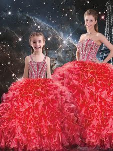 Inexpensive Beading and Ruffles Sweet 16 Dresses Coral Red Lace Up Sleeveless Floor Length