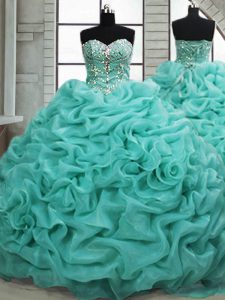 Flare Turquoise Sleeveless Brush Train Beading and Pick Ups Quinceanera Gowns