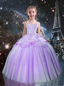 New Style Lilac Sleeveless Floor Length Beading Lace Up Little Girls Pageant Gowns