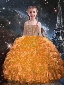 Low Price Straps Sleeveless Kids Pageant Dress Floor Length Beading and Ruffles Orange Red Organza