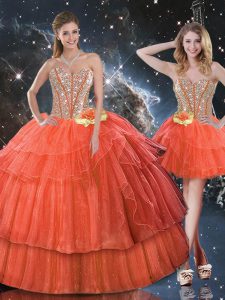 Flirting Ruffled Layers and Sequins Ball Gown Prom Dress Rust Red Lace Up Sleeveless Floor Length