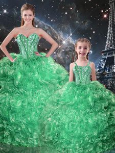 Latest Green Three Pieces Organza Sweetheart Sleeveless Beading and Ruffles Floor Length Lace Up 15 Quinceanera Dress