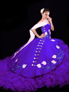 Custom Design Purple Sweet 16 Dress Military Ball and Sweet 16 and Quinceanera with Embroidery and Ruffles Sweetheart Sleeveless Brush Train Lace Up