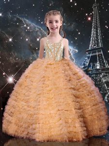 Sleeveless Floor Length Beading and Ruffled Layers Lace Up Pageant Gowns For Girls with Orange Red