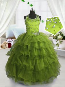 Excellent Ruffled Ball Gowns Child Pageant Dress Olive Green Scoop Organza Sleeveless Floor Length Lace Up