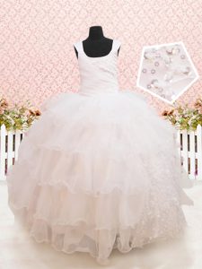 Fashion Scoop Beading and Ruffled Layers and Sequins Kids Pageant Dress White Lace Up Sleeveless Floor Length