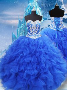 Fabulous Blue Lace Up Vestidos de Quinceanera Beading and Ruffles Sleeveless Floor Length