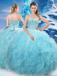 High Quality Aqua Blue Ball Gowns Beading and Pick Ups 15th Birthday Dress Lace Up Tulle Sleeveless Floor Length
