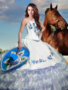 Captivating Floor Length Lace Up Quinceanera Gowns White for Military Ball and Sweet 16 and Quinceanera with Embroidery and Ruffled Layers