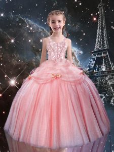 Tulle Straps Sleeveless Lace Up Beading Girls Pageant Dresses in Rose Pink