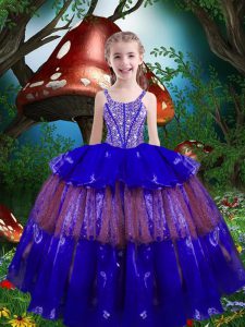 Royal Blue Sleeveless Floor Length Beading and Ruffled Layers Lace Up Little Girls Pageant Gowns