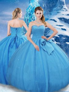 Glorious Baby Blue Ball Gowns Bowknot Quinceanera Dress Lace Up Tulle Sleeveless Floor Length