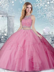 Beautiful Scoop Sleeveless Clasp Handle Quinceanera Dresses Rose Pink Tulle