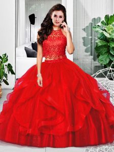Floor Length Zipper Sweet 16 Dresses Red for Military Ball and Sweet 16 and Quinceanera with Lace and Ruffles