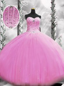 Comfortable Lilac Ball Gowns Tulle Sweetheart Sleeveless Beading Floor Length Lace Up Ball Gown Prom Dress