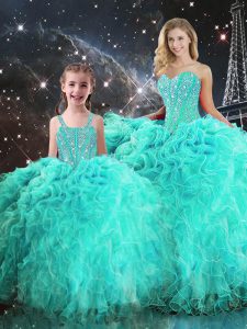 Turquoise Ball Gowns Sweetheart Sleeveless Organza Floor Length Lace Up Beading and Ruffles 15 Quinceanera Dress