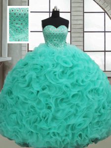 Super Turquoise Sleeveless Fabric With Rolling Flowers Brush Train Lace Up Sweet 16 Quinceanera Dress for Military Ball and Sweet 16 and Quinceanera