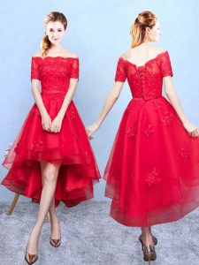 Lovely Wine Red Quinceanera Court of Honor Dress Prom and Party with Appliques Off The Shoulder Half Sleeves Lace Up