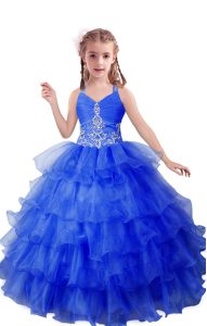 Enchanting Beading and Ruffled Layers Pageant Gowns For Girls Blue Zipper Sleeveless Floor Length