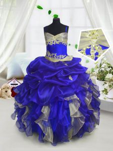 Enchanting Organza Spaghetti Straps Sleeveless Lace Up Beading and Ruffles and Pick Ups Girls Pageant Dresses in Royal Blue