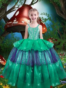 Excellent Organza Straps Sleeveless Lace Up Beading and Ruffled Layers Kids Pageant Dress in Green