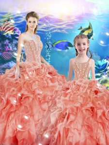 Floor Length Watermelon Red Ball Gown Prom Dress Organza Sleeveless Beading and Ruffles