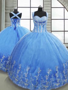Attractive Baby Blue Ball Gowns Sweetheart Sleeveless Tulle Floor Length Lace Up Beading and Appliques Vestidos de Quinceanera