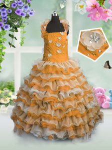 Eye-catching Orange Straps Lace Up Beading and Appliques and Ruffled Layers Kids Pageant Dress Sleeveless