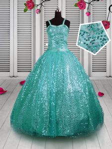 Fashionable Turquoise Ball Gowns Straps Sleeveless Sequined Floor Length Lace Up Beading and Sequins Girls Pageant Dresses