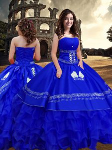 Deluxe Royal Blue Ball Gowns Taffeta Strapless Sleeveless Embroidery and Ruffled Layers Floor Length Zipper Quinceanera Gowns