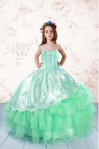 Apple Green Spaghetti Straps Neckline Embroidery and Ruffled Layers Little Girl Pageant Dress Sleeveless Lace Up
