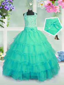 Turquoise Little Girl Pageant Dress Party and Wedding Party with Beading and Ruffled Layers Square Sleeveless Lace Up