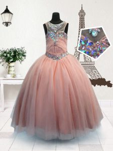 Charming Scoop Sleeveless Organza Floor Length Zipper Little Girls Pageant Dress in Pink with Beading
