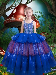 Custom Design Organza Sleeveless Floor Length Little Girl Pageant Dress and Beading and Ruffled Layers