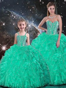 Classical Turquoise Sweetheart Lace Up Beading and Ruffles Sweet 16 Quinceanera Dress Sleeveless