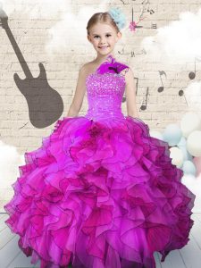 Graceful One Shoulder Floor Length Fuchsia Pageant Gowns For Girls Organza Sleeveless Beading and Ruffles