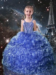 Discount Blue Straps Neckline Beading and Ruffles Little Girls Pageant Gowns Sleeveless Lace Up