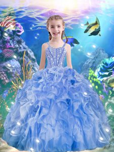 Stunning Ball Gowns Little Girls Pageant Gowns Light Blue Straps Organza Sleeveless Floor Length Lace Up