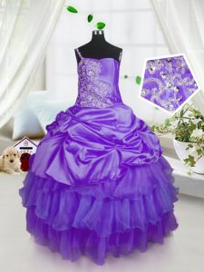Purple Girls Pageant Dresses Military Ball and Sweet 16 and Quinceanera with Beading and Ruffled Layers and Pick Ups Strapless Sleeveless Lace Up