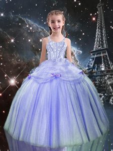 Lilac Ball Gowns Tulle Straps Sleeveless Beading Floor Length Lace Up Little Girls Pageant Gowns