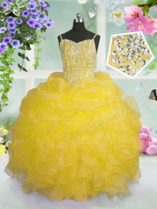 Cute Gold Pageant Gowns For Girls Party and Wedding Party with Beading and Ruffles and Pick Ups Spaghetti Straps Sleeveless Lace Up