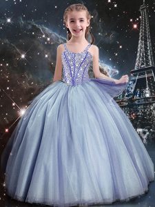 Tulle Straps Sleeveless Lace Up Beading Little Girls Pageant Gowns in Light Blue