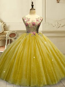 Gold Tulle Lace Up Quince Ball Gowns Sleeveless Floor Length Appliques and Sequins