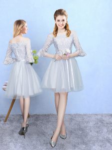 Tulle Off The Shoulder Half Sleeves Lace Up Lace Quinceanera Dama Dress in Silver